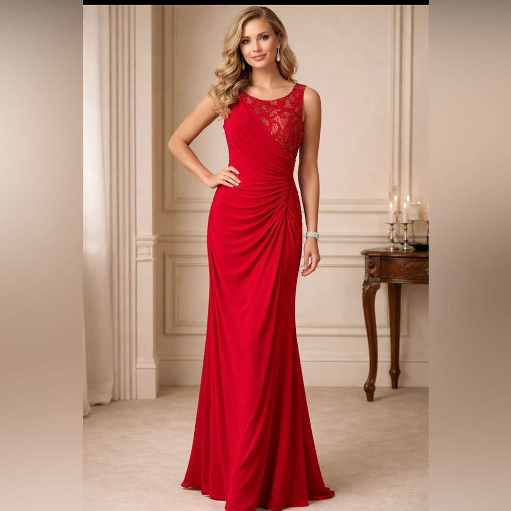R&M Richards Sleeveless Elegant Evening Gown Ruched Sequin Lace Maxi Dress 6